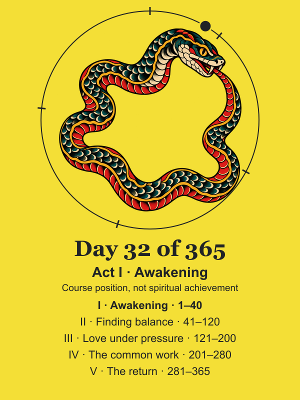 The Ghost Walk circular journey: Day 32 of 365. Act I: Awakening, days 1–40. Day 40 ends the first leg. The marker shows course position, not spiritual achievement.